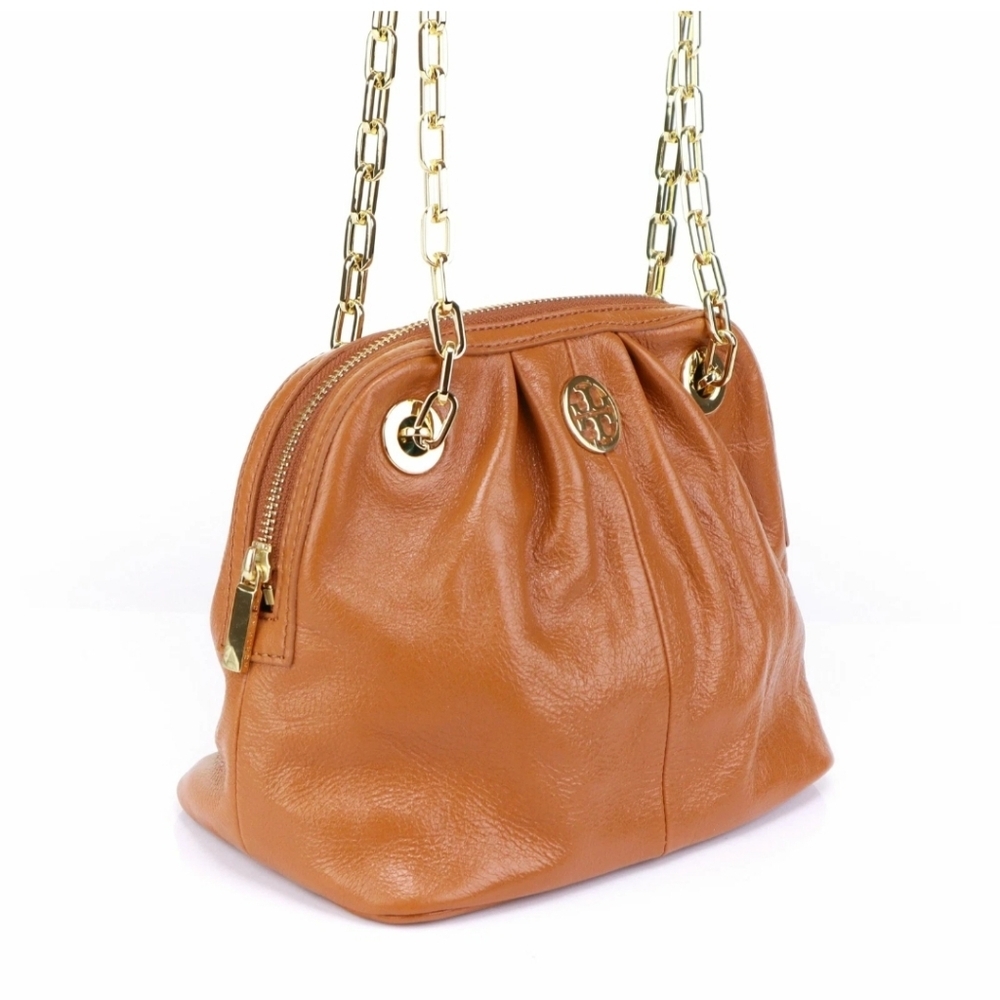 Tory Burch Crinkle Leather 2 Way Crossbody Bag w Chain in Royal Tan W/ Dustbag - Picture 3 of 9